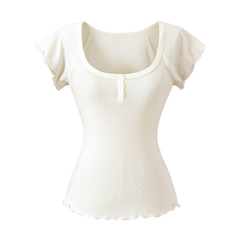 Korean niche design sense U-neck short-sleeved T-shirt for women, summer new button lace slim-fitting and thin top trendy