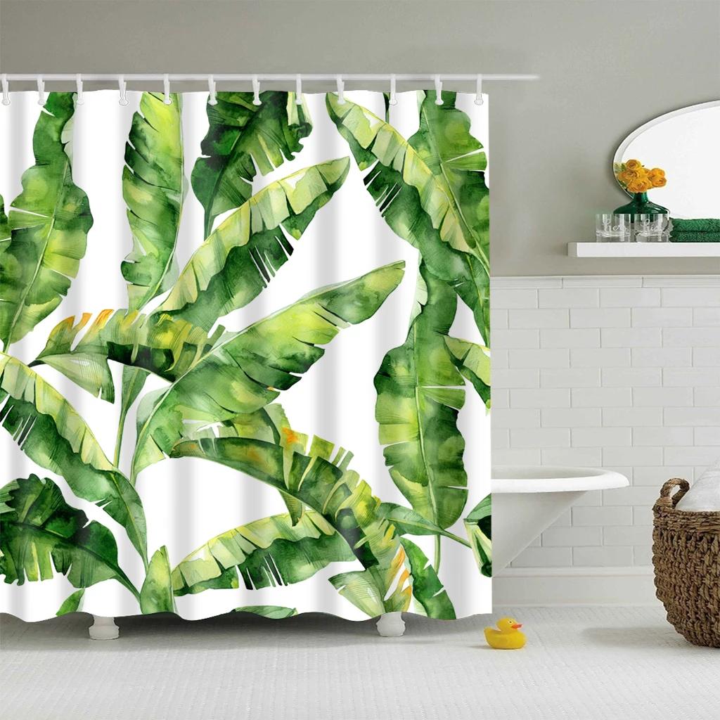 Watercolor Tropical Leaves Shower Curtain Waterproof Mildew Resistant Polyester Fabric With 12 Hooks Easy Installation For Bathr
