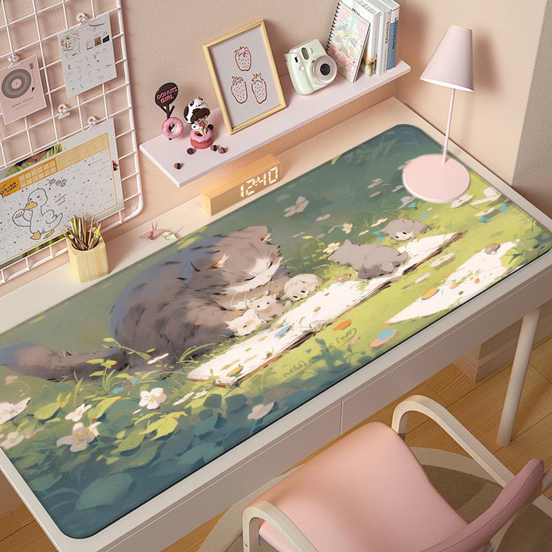 Extra Large Cute Cat Cartoon Mouse Pad with Stitched Edges - Aesthetic Desk Mat for Girls