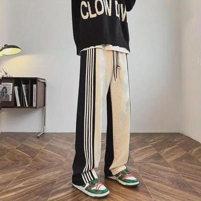 Men's Striped Patchwork Straight-Leg Casual Sweatpants, Large Size, Trendy Brand, Spring/Autumn Drape Trousers