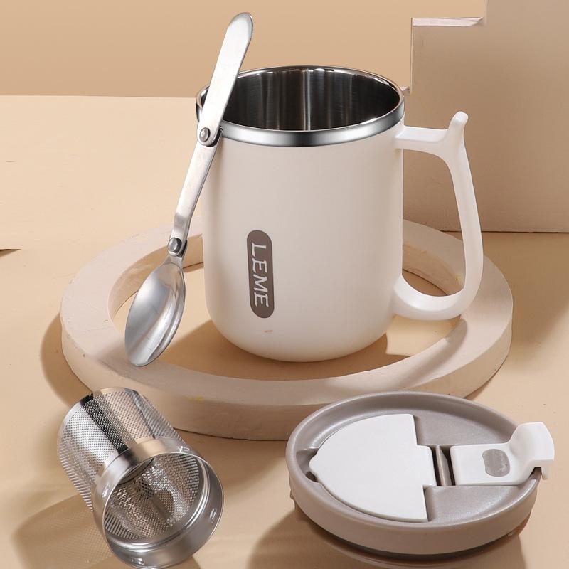 500ML 304 Stainless Steel Mug with Lid and Spoon Tea Strainer Water Cup High Aesthetic Coffee Cup, Breakfast Cup Water Bottles