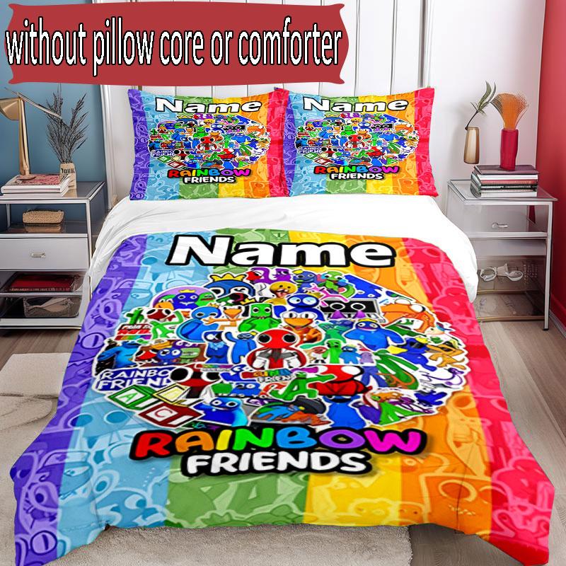 3pcs Duvet Cover Set (1*Duvet Cover + 2*Pillowcase, Without Core), Custom Name Game Rainbow Friends Pattern Bedding Set, Home Bedroom Decor Gift