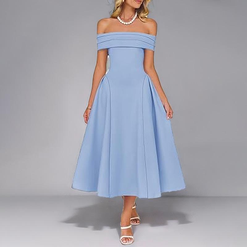 Summer Women's Fashion Off-shoulder Sexy Style One-length Solid Color Dress for Women