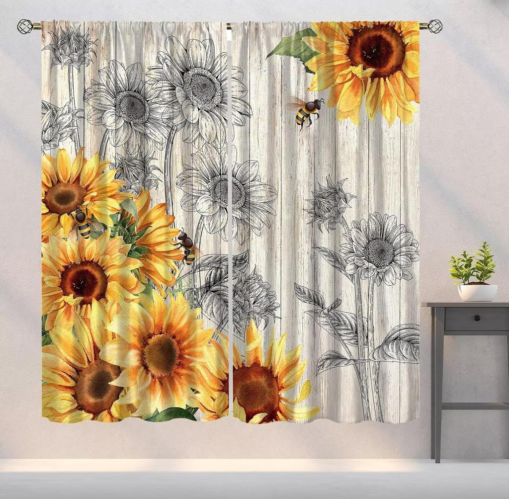 Farmhouse Sunflower Curtains Country Vintage Floral Wooden Board Art Printed Window Drapes Bedroom Kitchen Decor Room Darkening Polyester Master