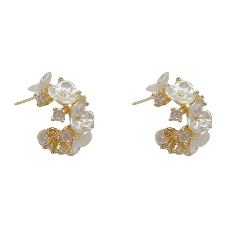 Women Fashion Rhinestone Flower C Shaped Hoop Earrings Minimalist Versatile Female Jewelry