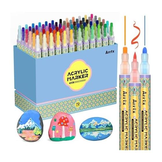 Arrtx Acrylic Markers 72 Colors Medium Tip Acrylic Paint Pen Paint Markers Quick Dry Waterproof Paint Markers for Rock Painting
