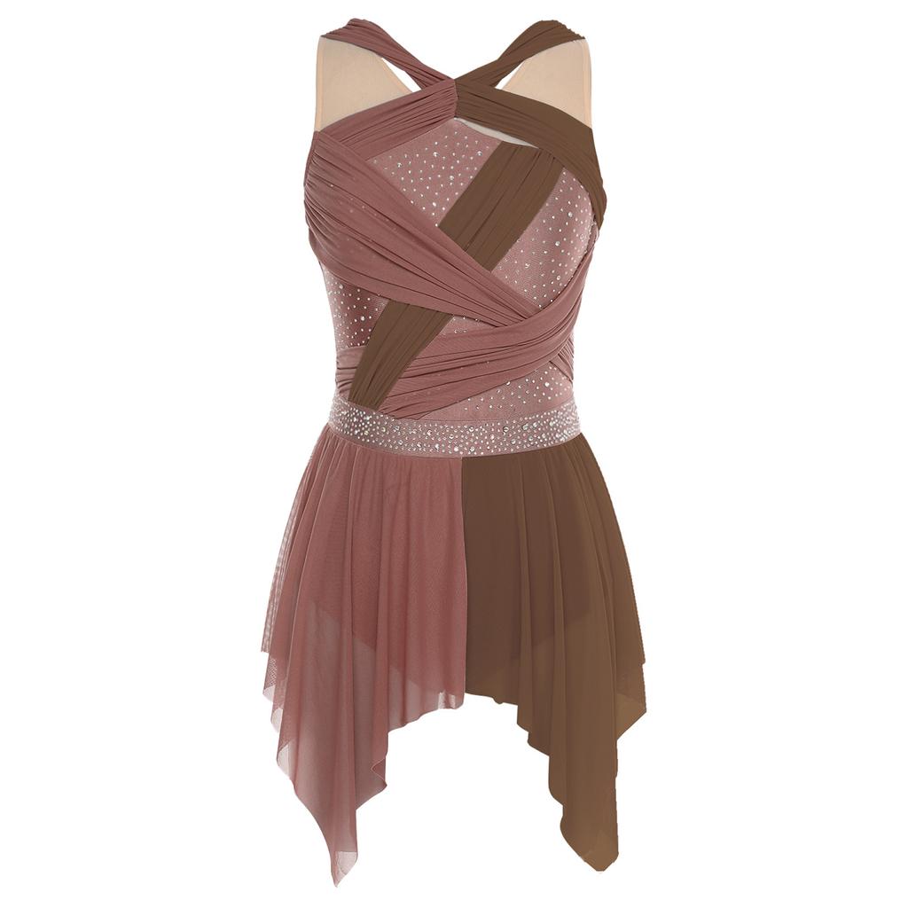 Womens Lyrical Dance Dress Rhinestone Color Block Mesh Design Ruched Twisted Knot Irregular Hem Leotard