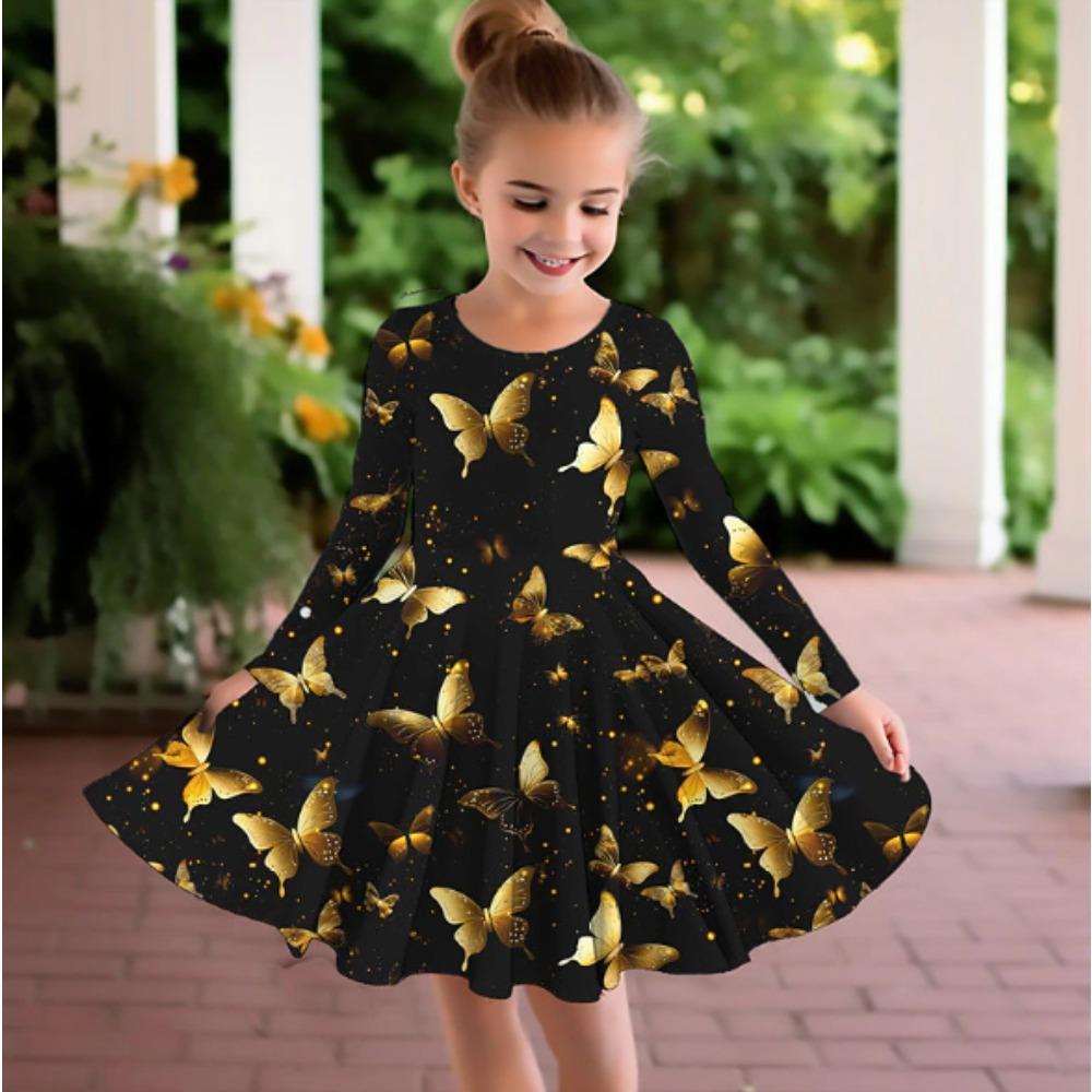 Vestito Casual da Bambina con Stampa 3D a Farfalle, Girocollo, Manica Lunga, Vestito da Principessa per Bambina