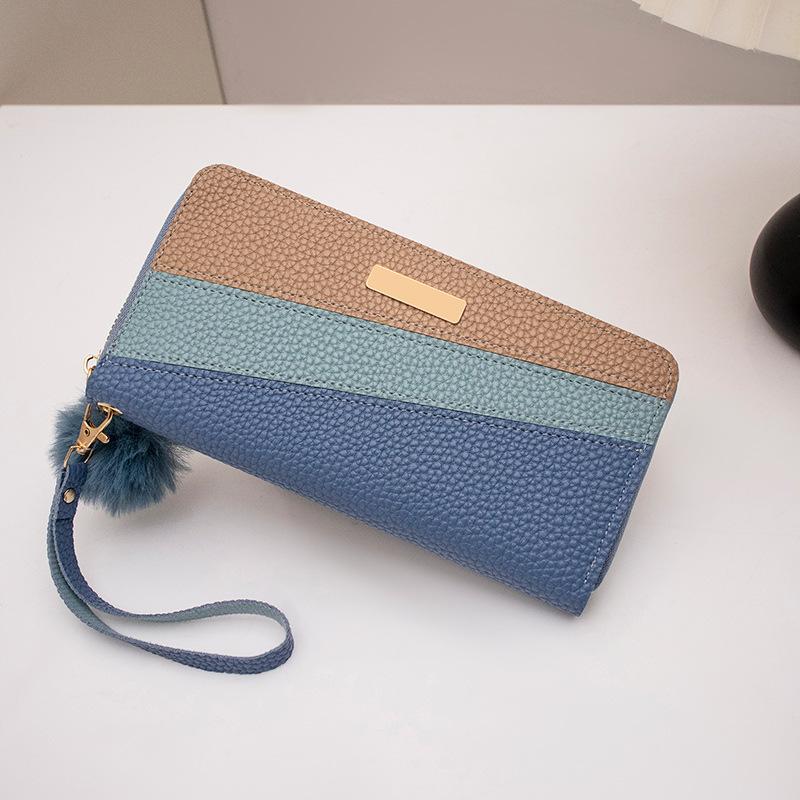 New iron sheet lychee pattern contrasting color long single pull wallet cute high value change bag