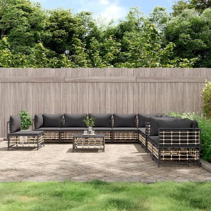 VidaXL Salon de jardin 11 pcs avec coussins anthracite résine tressée, ensemble de salon, ensemble de salon d'extérieur, 3186807