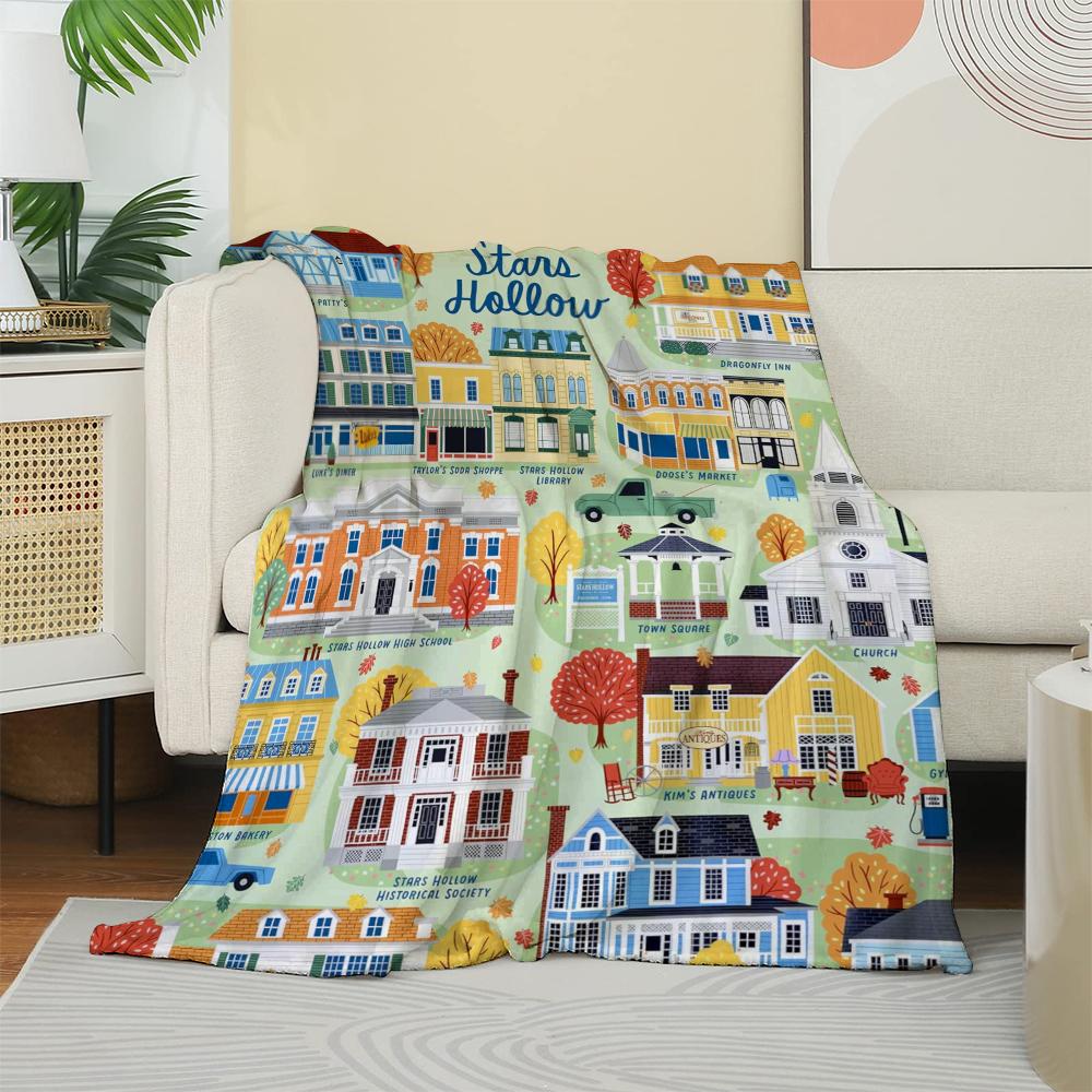 Stars Hollow Autumn Townscape Fleece Blanket, Gilmore Girls-Inspired Throw Blanket with Fall Foliage Portable Picnic HOTEL 150x200cm