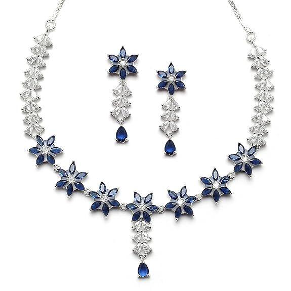 Plated Silver Toned Star Shaped American Diamond Studded Necklace Earrings Jewellery Set for Girls and Women