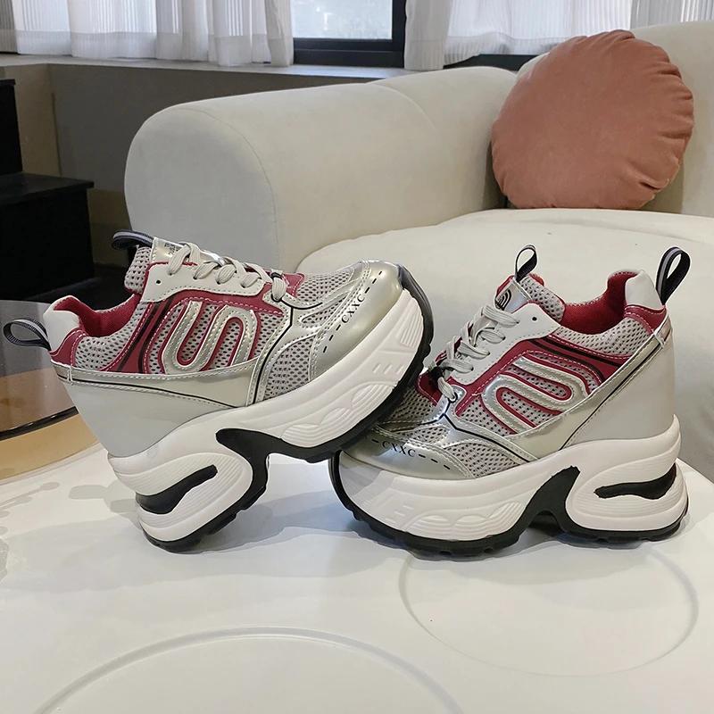 Fashion Women High Platform Sneakers New Spring Summer Breathable Shoes 10CM Thick Sole Air Mesh Casual Shoes Chunky Dad Sport Sneakers