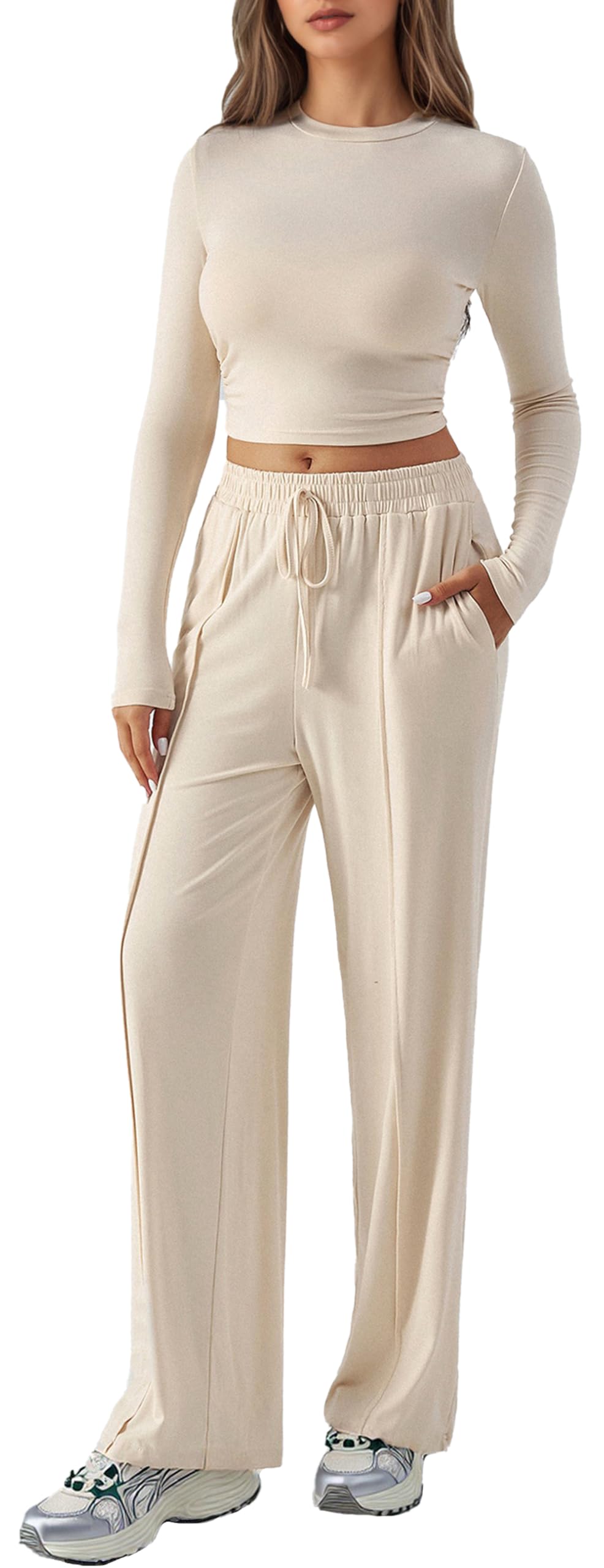 

Maeau Одежда для йоги Толстовка и облегающие длинные однотонные Идеально для повседневной носки Размер M Женский комплект, Джерси, Домашняя одежда, Эластичный, Посадка, Дышащий, Эластичный, бежевый