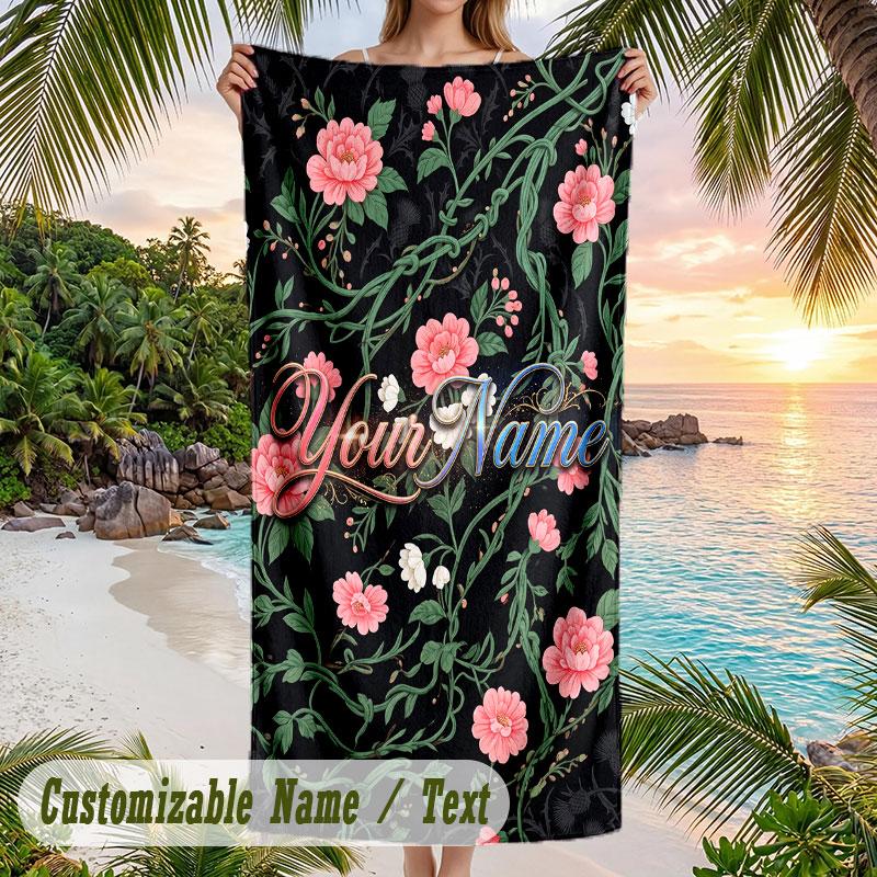 Floral 3 Theme Quick Dry Beach Towel Custom Name Text Print Large Sand Resistant Towel Beach Vacation