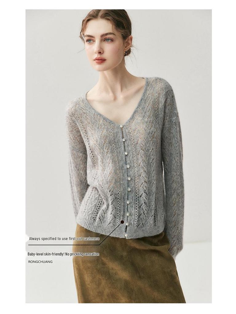 Women's V-Neck Hollowed Cashmere Cardigan - Loose Fit Autumn 2025 Cover-Up Pullover