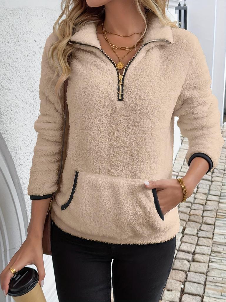 2025 Autumn/Winter European & American Lapel Jacquard Half-Zip Plush Pocket Short Sweatshirt