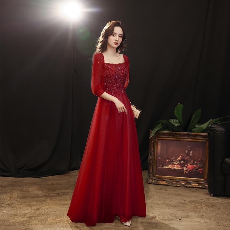 Champagne Banquet Evening Dress 1011 New Summer Temperament Dignified Long-sleeved Dress Host Performance Dress