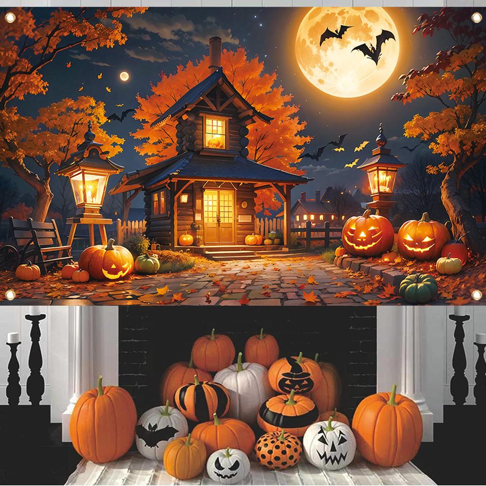 Halloween decoration banner, polyester, with a spooky pumpkin lantern background beneath a full moon