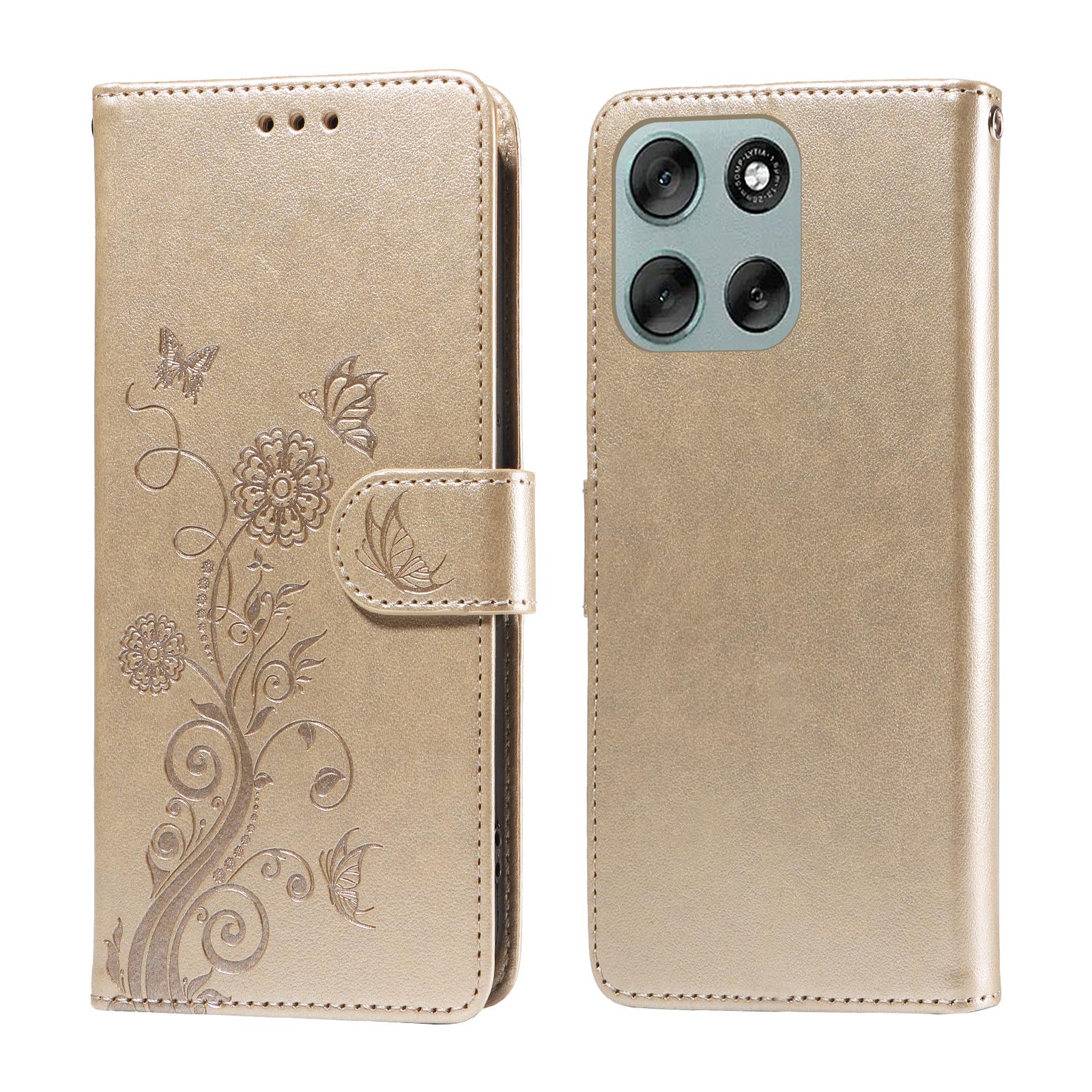 

For Motorola Moto G56 5G Leather Case Butterfly Floral Imprint Wallet Stand Cover Golden