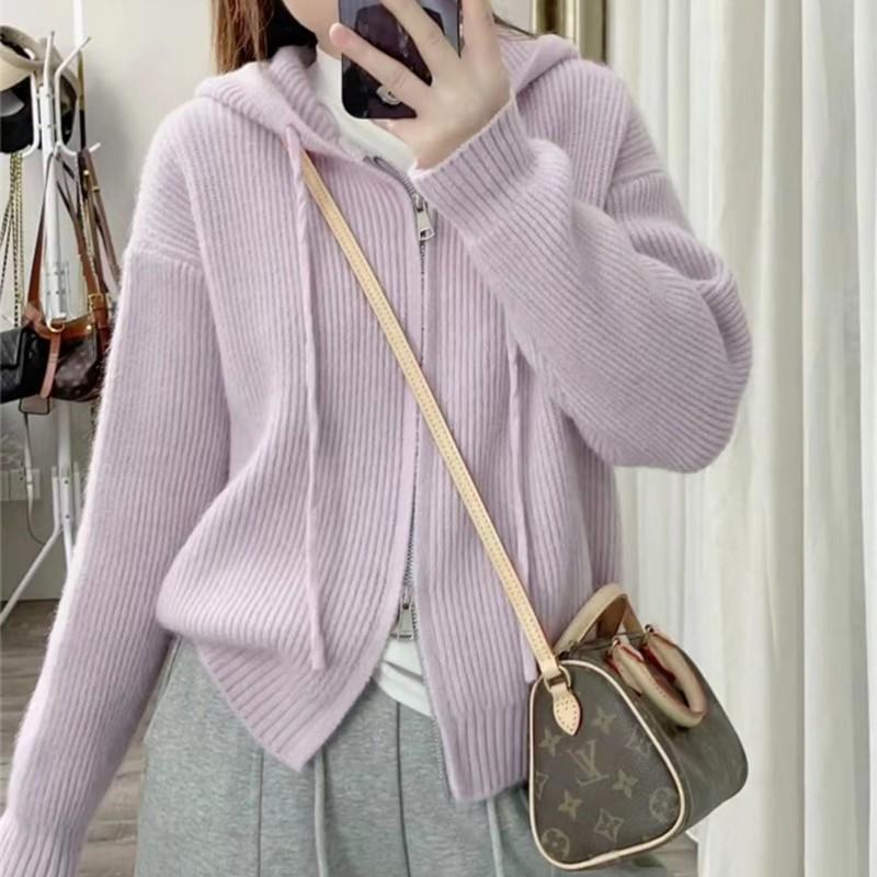 Autumn and winter new loose fashion solid color hooded sweater wearing soft waxy knitted cardigan zipper jacket