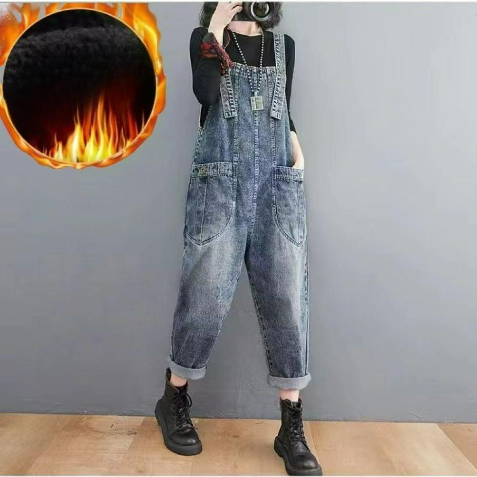 Overalls Women's Loose Large Size Plus Velvet Thick Literary Retro Loose High Waist Harem One-piece Pants
