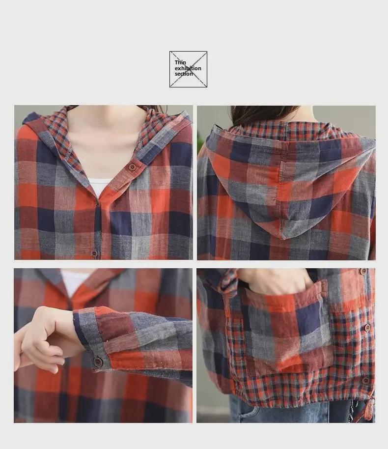 Women's Retro Plaid Hooded Cardigan Shirt