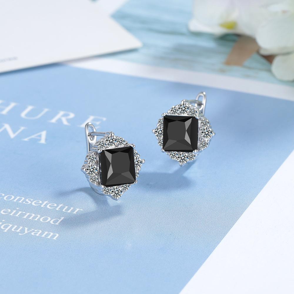 925 Sterling Silver Stylish Exquisite Square Sea Blue Zircon Full Diamond Earrings Wedding Anniversary Party Gift чёрный