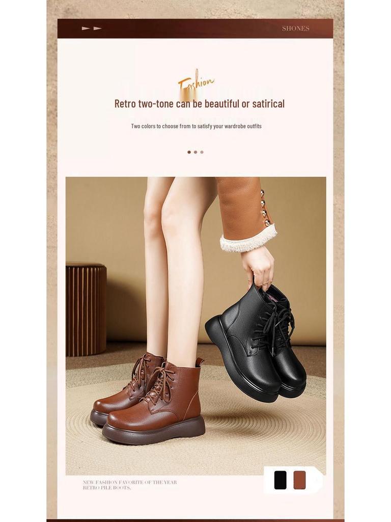 2025 H/W Damen Britischer Stil Echtleder Martin Stiefeletten mit dicken Sohlen, Retro-Fleece-Futter und Woll-Zehenschutz für Schnee