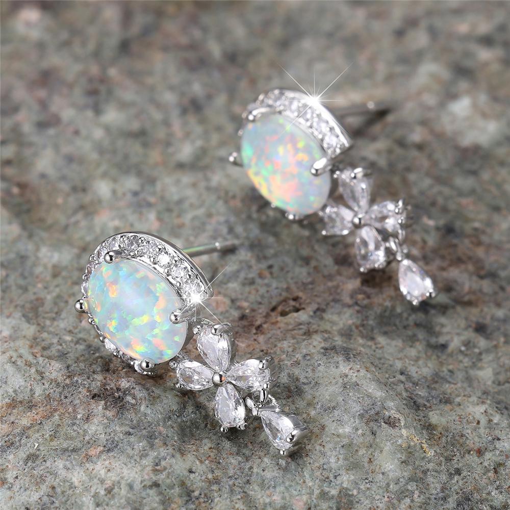 Cute Female White Opal Stone Stud Earrings Silver Color Wedding  For Women