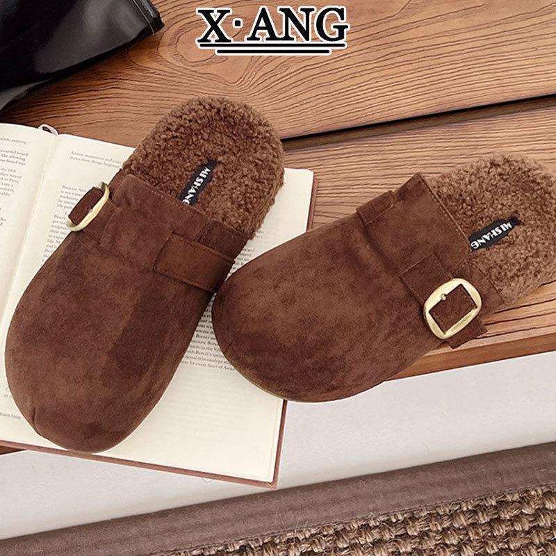 Leather Thick-soled Bag Head and Half Slippers for Women To Wear Autumn and Winter New Models, One-pedal Fluffy Shoes, Cotton Slippers