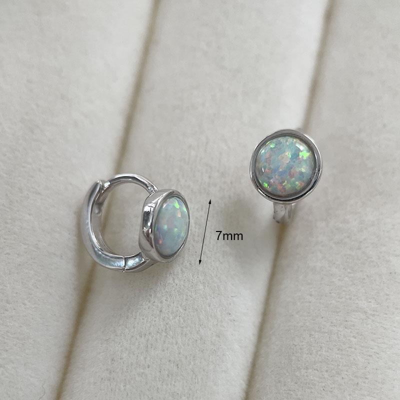 Grace Small 925 Sterling Silver Rhodium Plated Round 6Mm White Fire Opal Stone Huggie Hoop Earrings For Women Girls Jewelry Gift