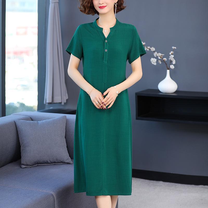 Women's Summer Over-the-Knee Loose Solid Color Dress in Cotton and Rayon