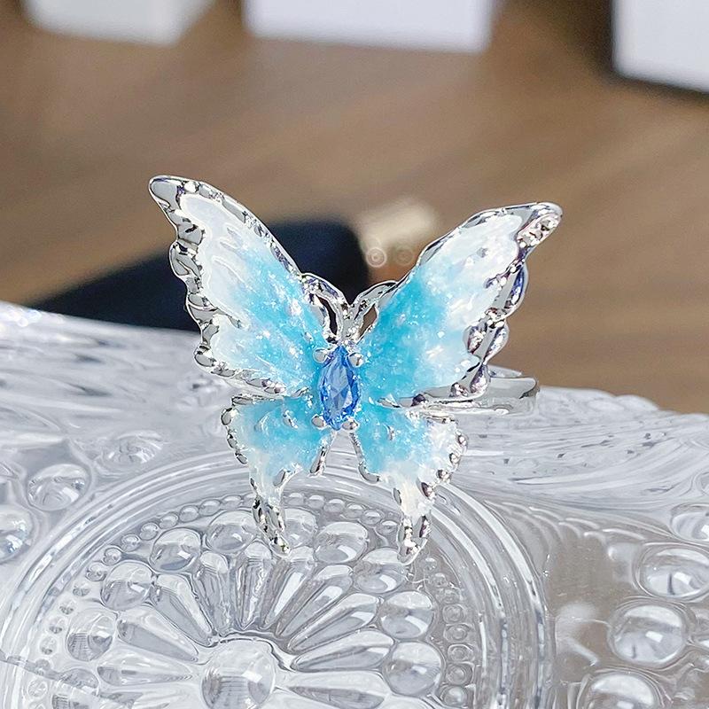 Small Fresh And Cool Butterfly Blue Enamel Dripping Oil Opening Ring Niche Light Luxury High-End Feeling Stacked Ring Woman
