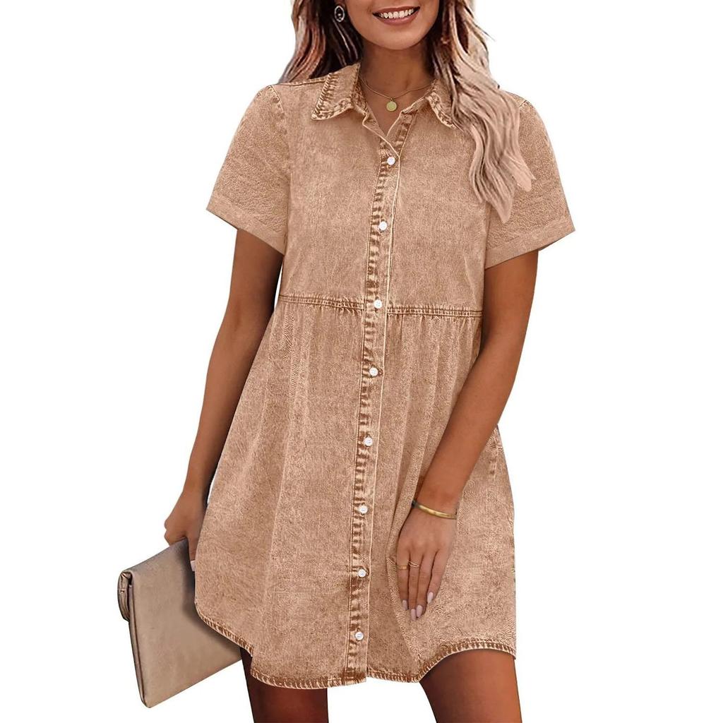 Abiti Camicia in Denim da Donna Manica Corta Collo a Revers Vestito di Jean Monopetto Top Bordo Arricciato Ampio Abiti da Donna