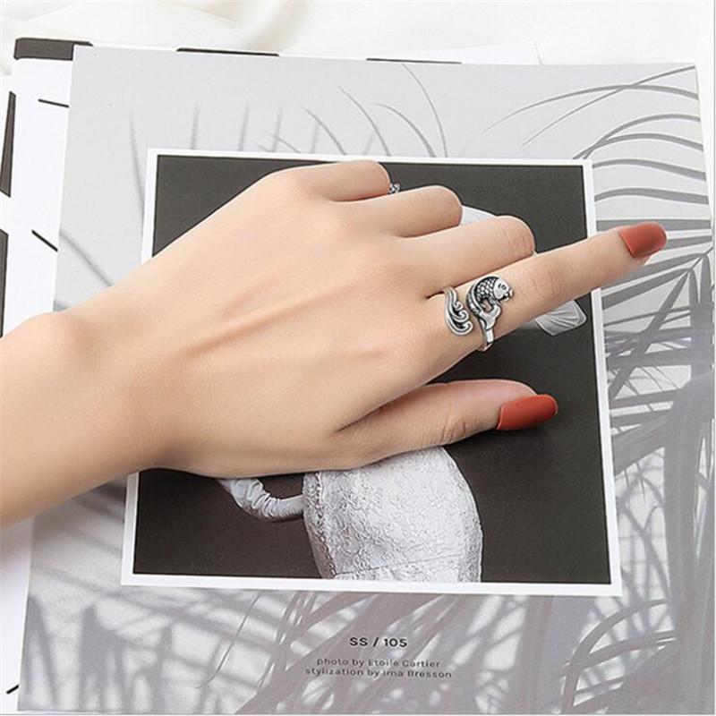 Ethnic Style Creative Year By Year Fish 925 Sterling Silver Jewelry Retro Wave Flower Carp Animal Opening Rings TYB030