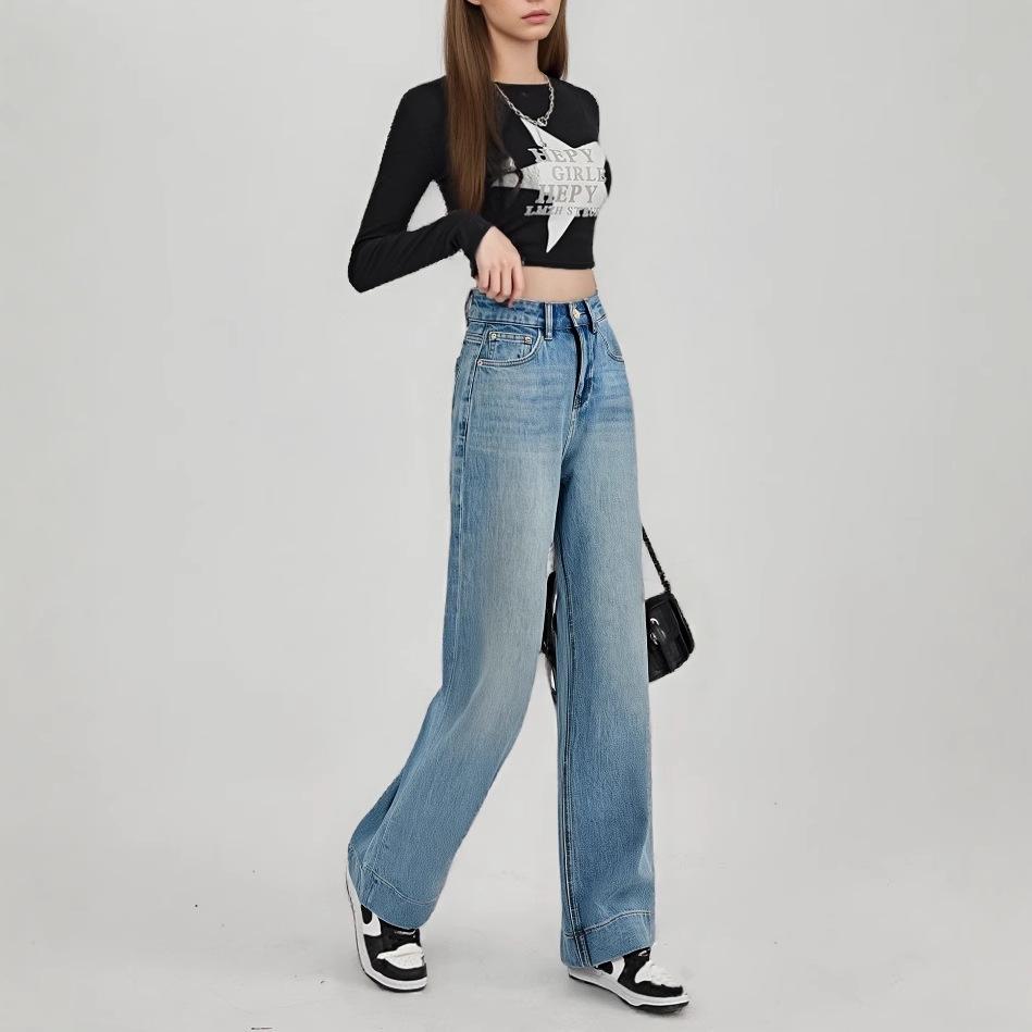 

Women s Light Blue Wide-Leg Jeans, High-Waisted and Low-Stretch, Slimming Loose Fit, Cropped Trousers - 2025 Spring Collection. 26