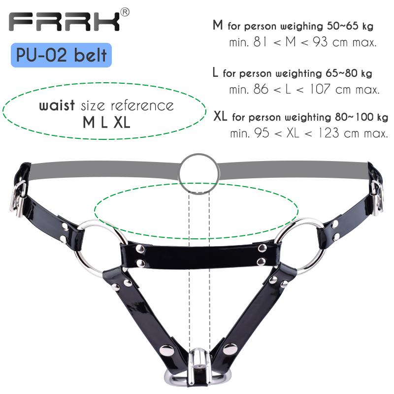 FRRK PU pásový postroj pro hráče BDSM Metal Chastity Cage v různých velikostech Sexy dospělí Intimní produkty Sexuální hračky Bondage