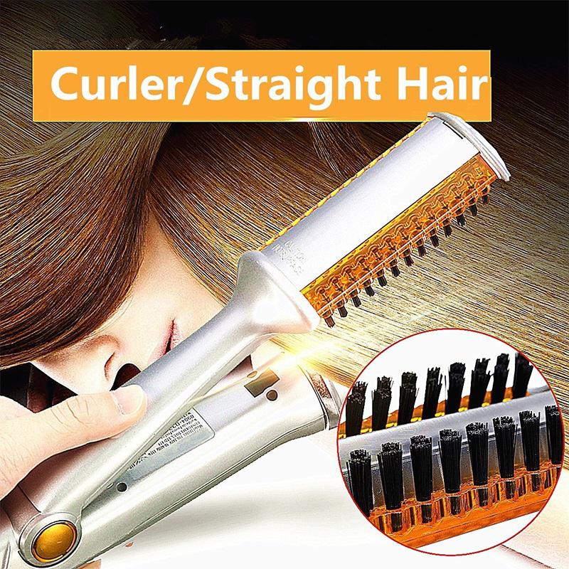 DualUse Hair Curling Curler Straightener Flat Iron Brush Salon