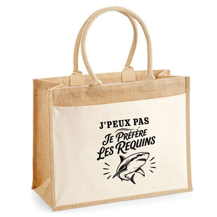 Sac cabas - PLANETEE - J'peux pas minimaliste - Jute et coton - Motif requins - 21 L (43×33×21 cm)