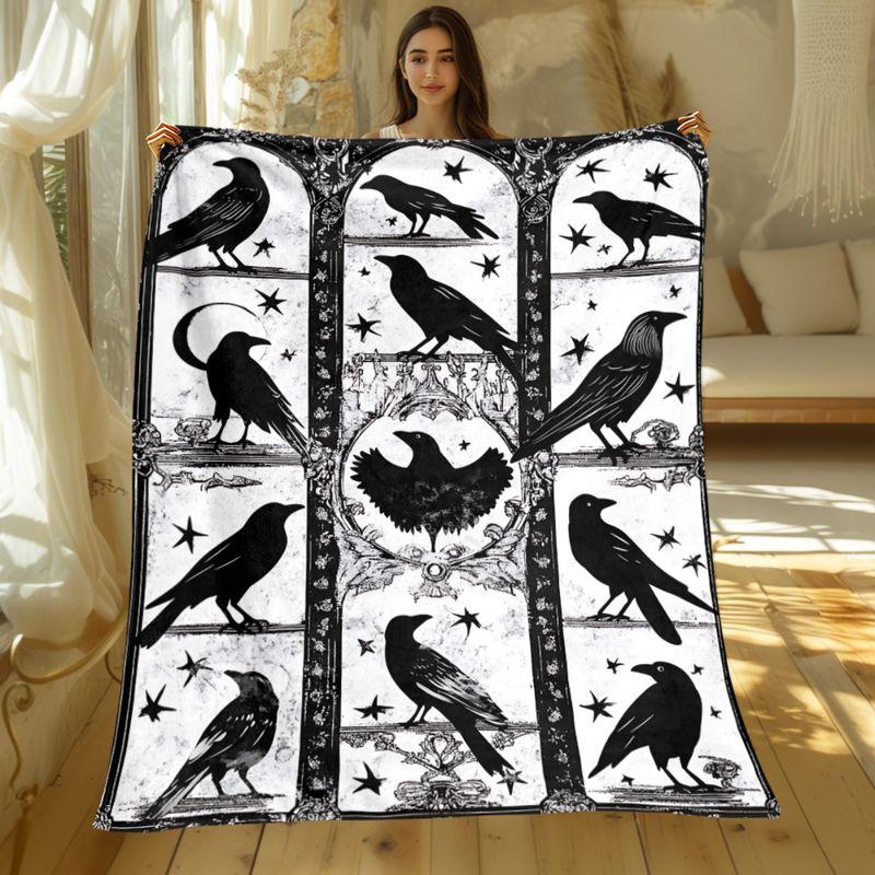 VIKAMA Dark Gothic Crow Blanket Antique Arch Raven Star Moon Print Soft Warm Halloween Holiday Gift Dorm Office Sofa Throw