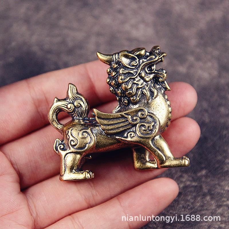 Brass Qilin Figurine Set Desk Home Office Living Room Decor Vintage Chinese Mythical Beast Ornament