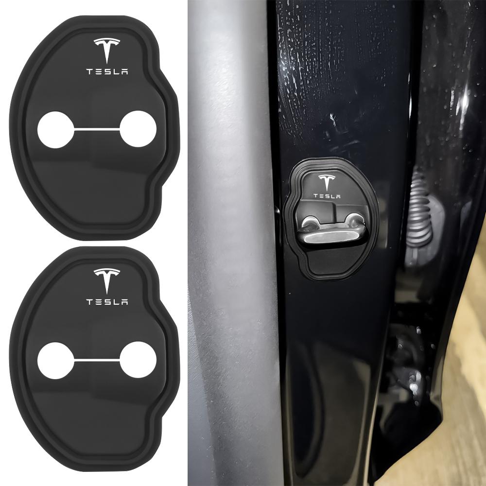 2pcs Car Door Mute Damping Cushion Silicone Door Lock Buckle Cover Logo For Tesla Model 3 Y S X 2021 Roadster Cybertruck Juguete