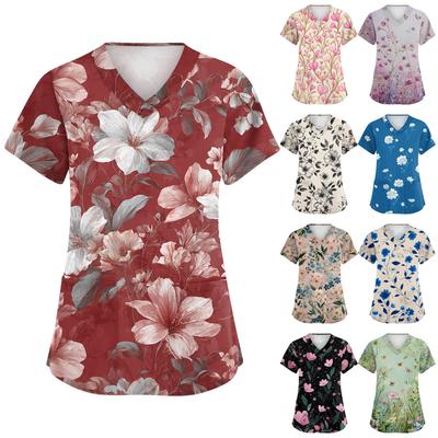 Women's Fashionable V-neck Short-Sleeved Work Top With Double Side Slits And Pockets, Featuring A Retro Floral Print.