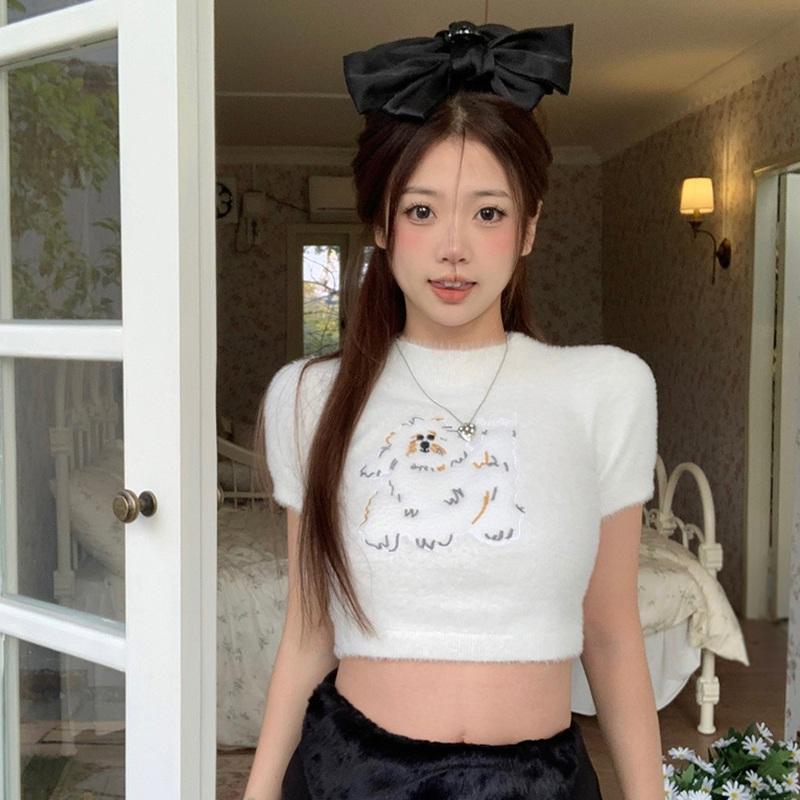 

Женская трикотажная короткая рубашка с короткими рукавами, пуловер для девочек, обтягивающие жаккардовые топы с тонкой подошвой One Size