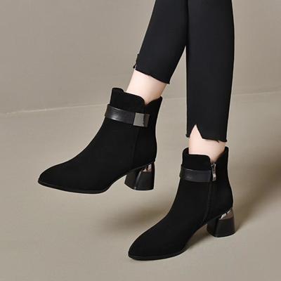 Mode Dames Enkellaarsjes Mode Puntige Medium Hak Dameslaarzen Suède Casual Enkellaarsjes Dikke Hak Platform Booties Botas Mujer