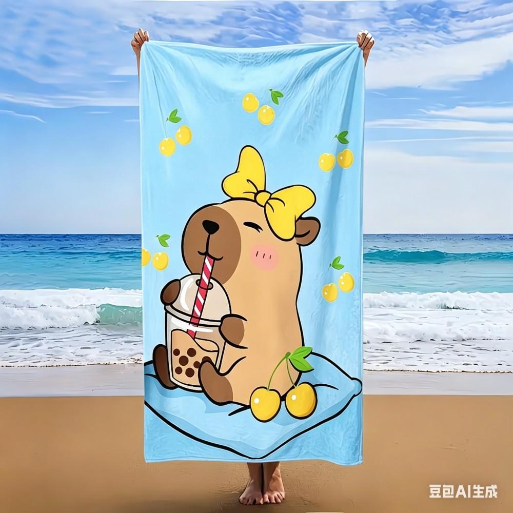 Cute Capybara Microfiber Beach Towel Pink Cherry Cartoon Bath Towel Quick Dry Sand Free Swimming Blanket for Kids Adult