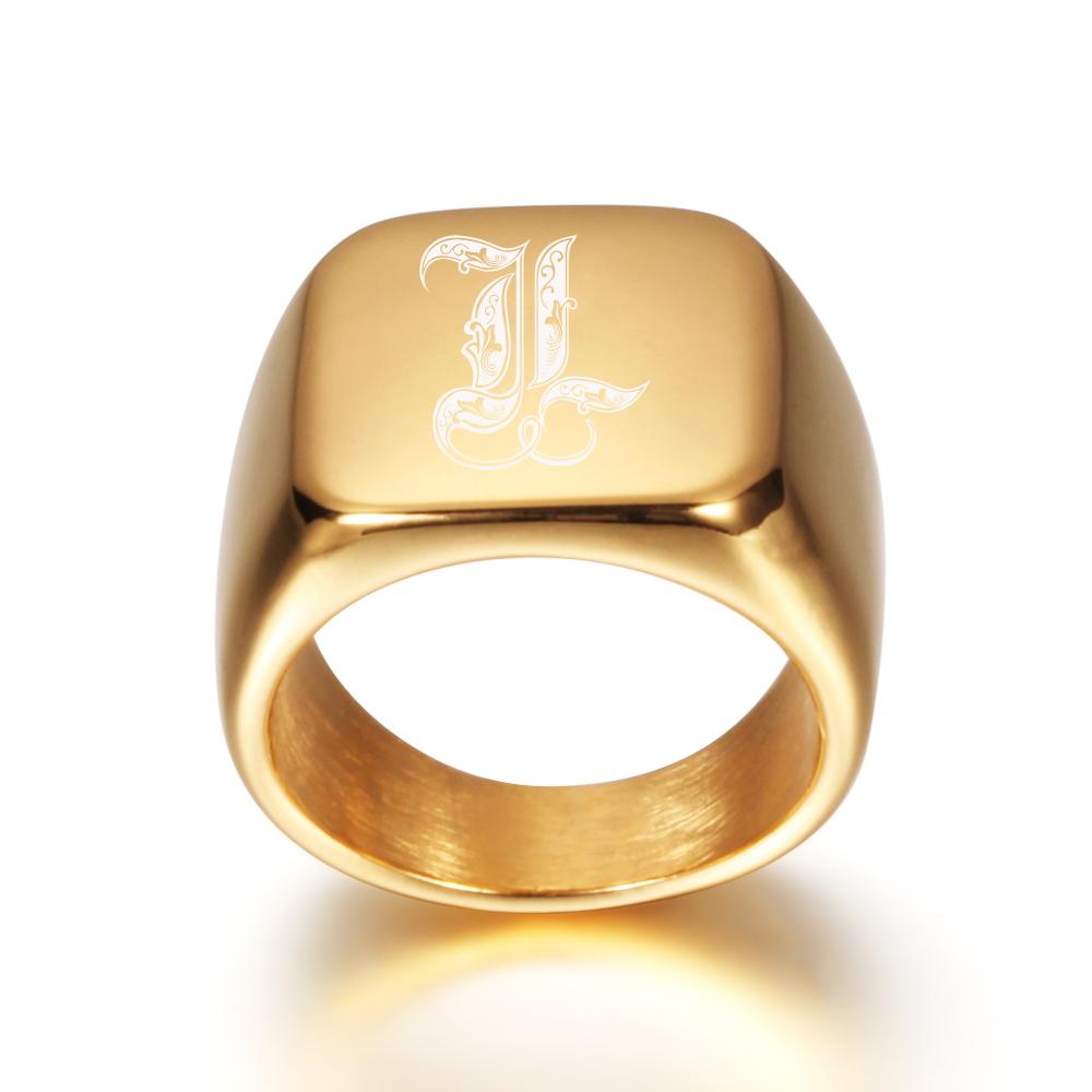Gold Tone Mens Big Letter Rings Customized Stainless Steel Initial Jewelry Finger Ring Personalized for Male Gift Accessories