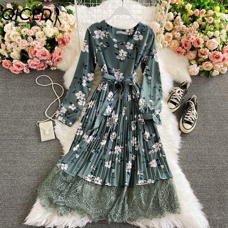 

QICED 10 Color Retro Floral V-Neck Halter Waist Lace Dress Colored Fashion Long Dresses one size армия зеленый