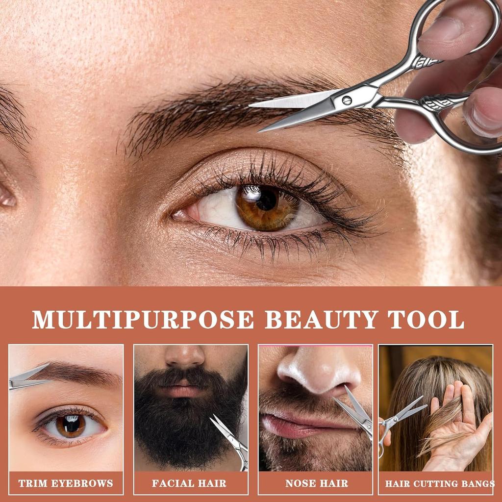 Small Precision Scissors Stainless Steel Facial Grooming Straight Tip Snips Professional Beauty Vintage Eyebrows Clippers Kit with Leather Case for